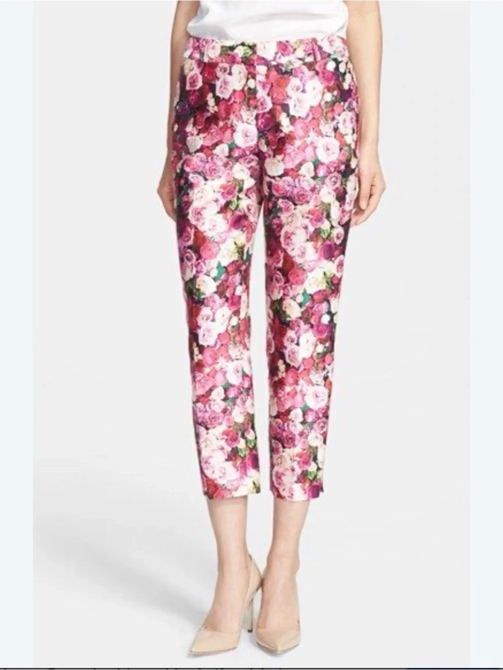 Kate Spade “Jackie” Rose Print Cotton Silk Blend Capri Pants